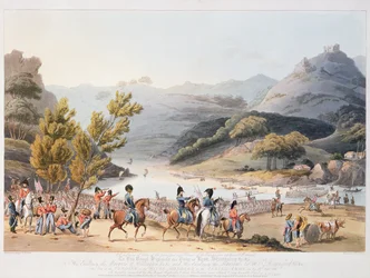 Fording of the River Mondego, graverad av C. Turner, 21 september 1810